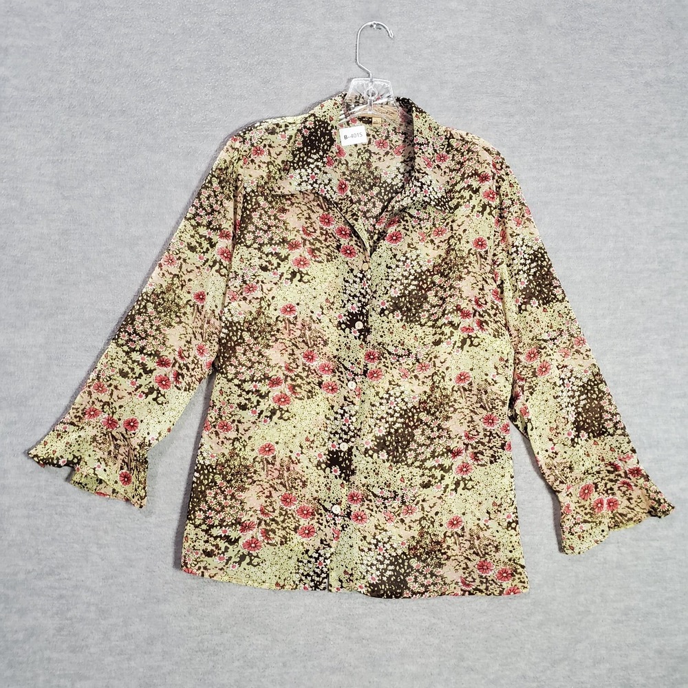 Notations Women Top‎ Large Green Floral Button Up Sheer Bell Sleeve Collar